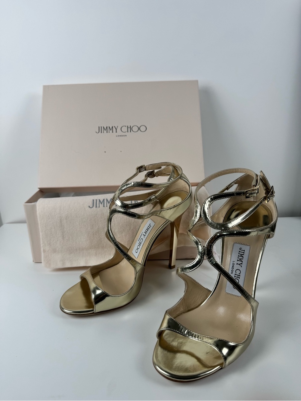 Jimmy Choo Lance Gold Metallic Strappy High-Heel Sandals US size 7, new in box